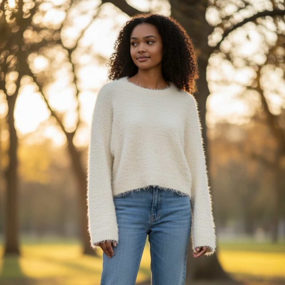 525 America Fuzzy Crop Sweater Womens Size M Ivory Long Sleeve Soft